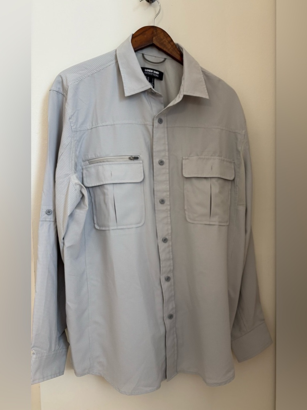 Lands' End Light Gray Micro-Check Button-Down Shirt Fishing Utility Vented  Sz:L